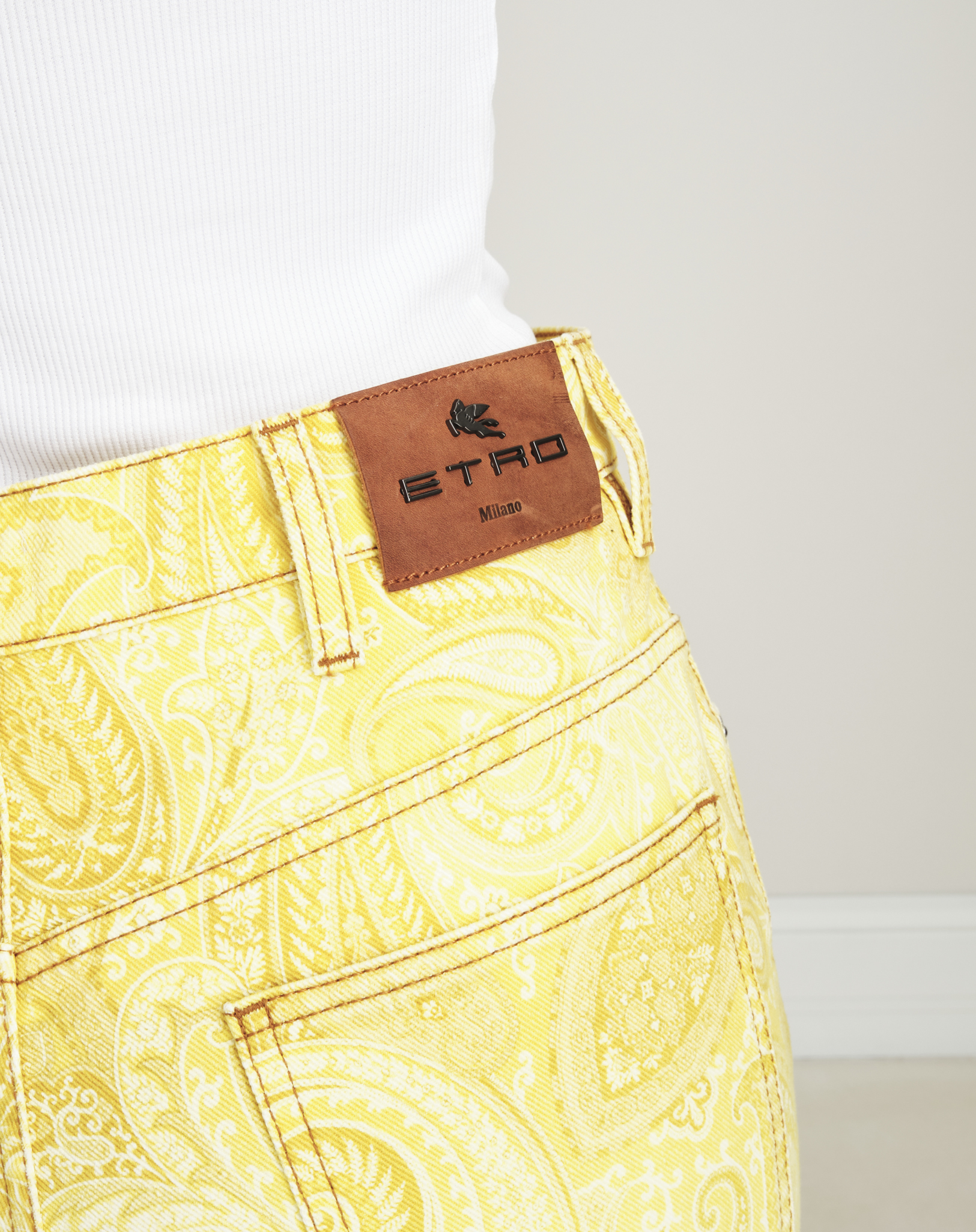 Etro - Yellow Paisley Printed High Rise Straight Jeans 30